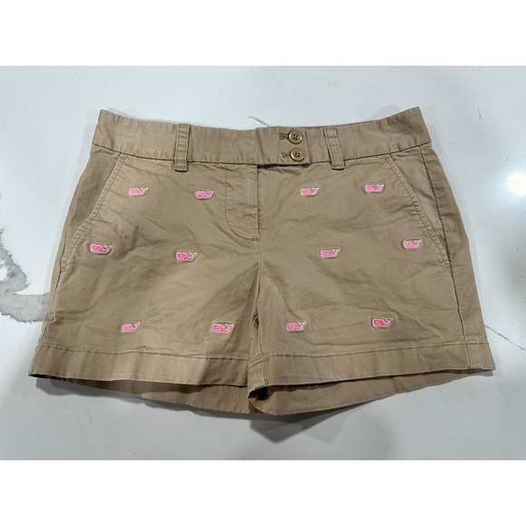 Vineyard Vines Pants - Vineyard Vines‎ Womens Sz 0 Tan Khaki Shorts Pink Whale Print Casual